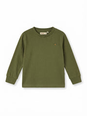IMPORTED Boys' Long-Sleeve Olive Green T-Shirt – Small Embroidered Motif Crewneck