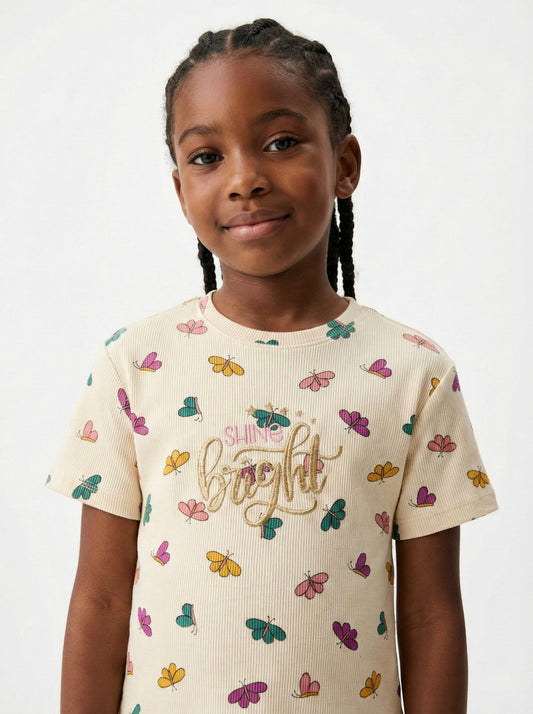 LC WAIKIKI Girls Colorfull Butterflies Printed Embroided Text Tee
