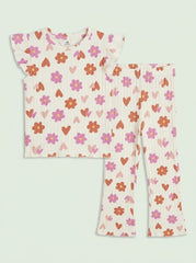 HM Girls' 2-Piece Retro Floral and Heart Flutter-Sleeve Top and Flare Pants Set| SM GARMENTS