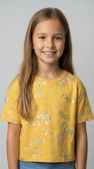 M&S Yellow Creative Words Tee - "ART IMAGINATION FANTASY IDEA" Metallic Graphic T-Shirt