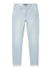 DL Girls Light Blue & White Vertical Striped Stretch Denim Jeans with Raw Hem| SM GARMENTS