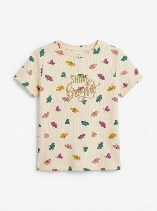 LC WAIKIKI Girls Colorfull Butterflies Printed Embroided Text Tee