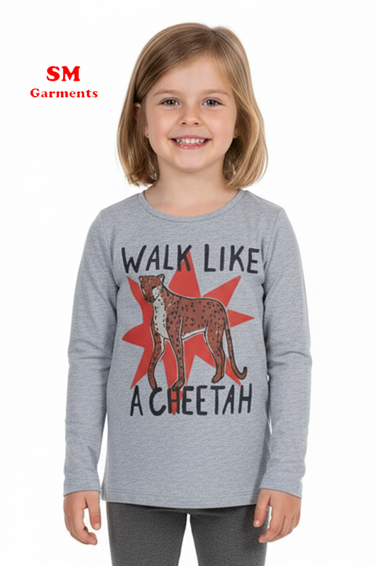 Girls Grey Walk Like a Cheetah Long Sleeve Graphic Tee
