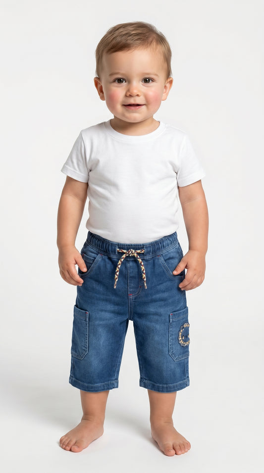 PRENATAL BOYS DENIM CARGO EMBROIDED 3 QUARTERS SHORTS