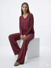 OYSHO WOMEN BASIC V NECK T SHIRT AND WIDE LEG TROUSER SET
