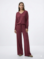 OYSHO WOMEN BASIC V NECK T SHIRT AND WIDE LEG TROUSER SET