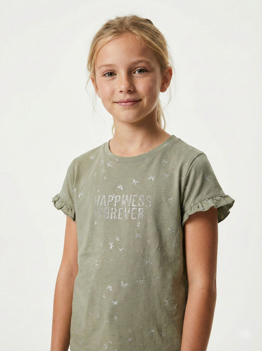 LC WAIKIKI Girls Glittery Printed Embroided Text Tee