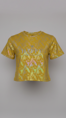 M&S Trendy Girls' Mustard Crop Top "HAPPY" Tee with Shimmer & Patterned Texture