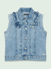 Girls BRANDED' Light Wash Ruffled Denim Vest with Button-Front
