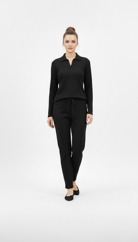 OYSHO WOMEN STRIPED TEXTURED COLLAR T SHIRT AND TROUSER SET