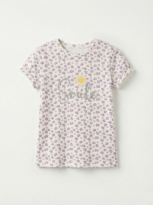 LC WAIKIKI Purple Girls Hearts Printed Embroided Text Tee