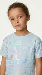 M&S Girls Gold Foil Print Graphic Light Blue Crew Neck T Shirt