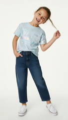 M&S Girls Gold Foil Print Graphic Light Blue Crew Neck T Shirt
