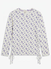 DUPARIEL Girls' Off-White Purple Floral Long-Sleeve Side-Tie T-Shirt| SM GARMENTS