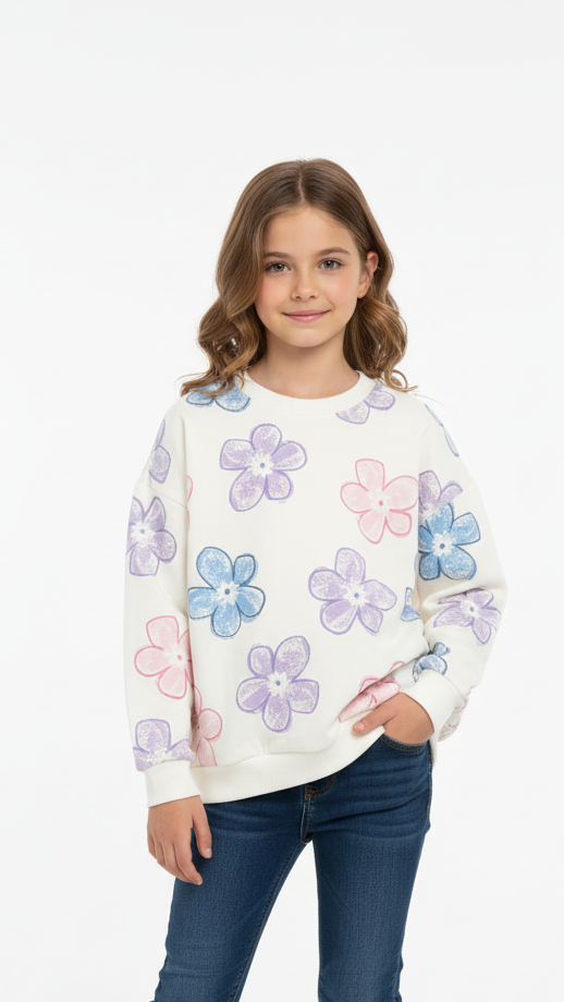 LCW GIRLS WHITE FLORAL PRINTED SWEATSHIRT