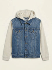 Men's BRANDED Hybrid Denim Jacket with Contrast Knit Hood and Sleeves