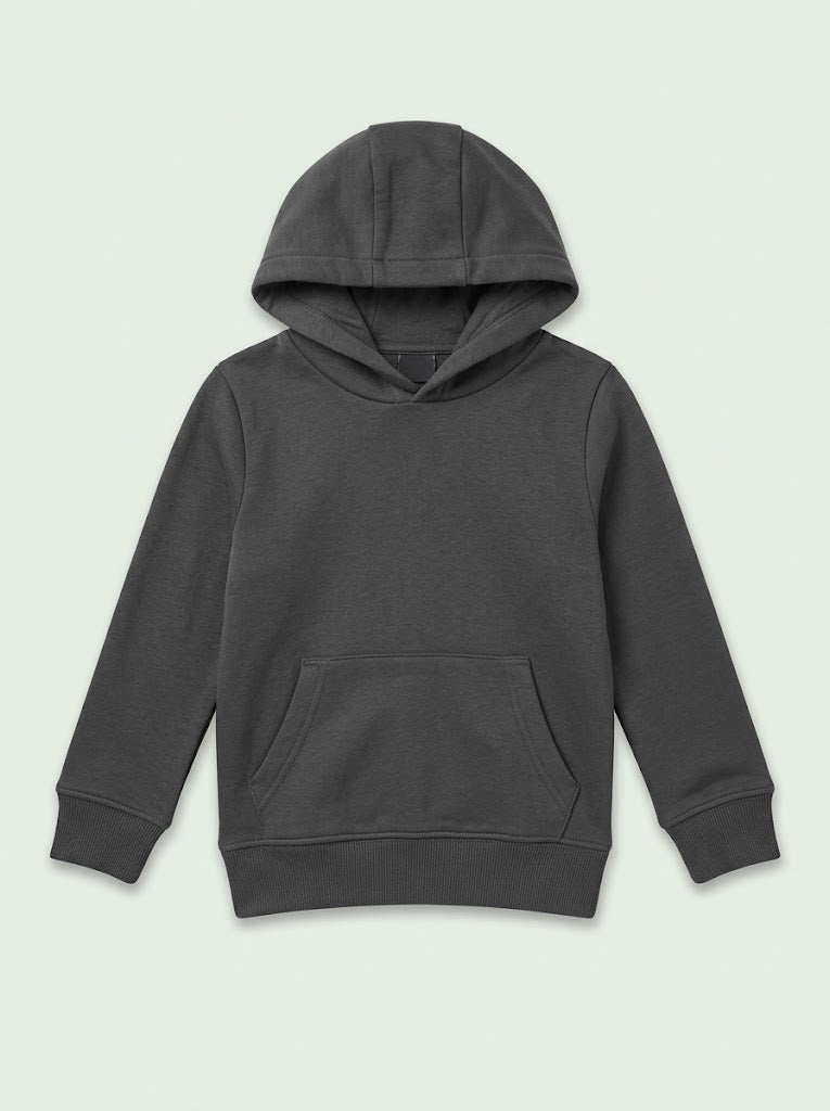 Boys Solid Dark Grey Casual Pullover Hoodie with Kangaroo Pocket
