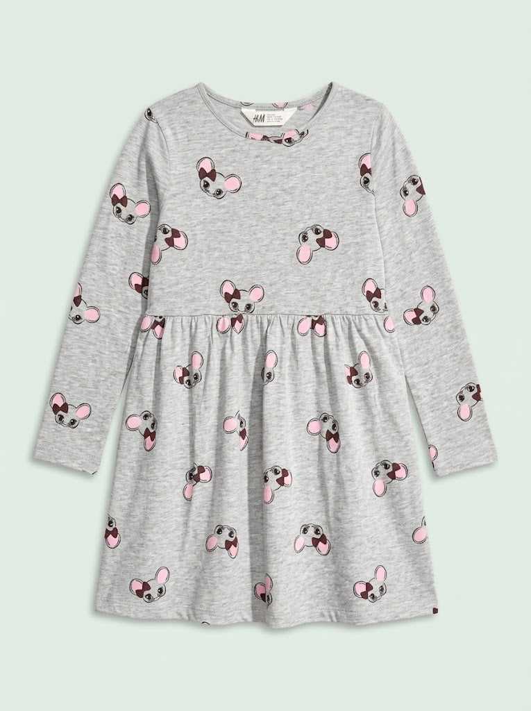 Girls Grey Heather Long Sleeve Casual Dress with All-Over Mouse Print