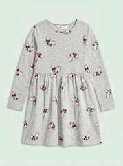 Girls Grey Heather Long Sleeve Casual Dress with All-Over Mouse Print