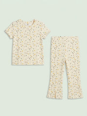HM Girls' 2-Piece Cream Botanical Short-Sleeve Top and Flare Pants Set| SM GARMENTS