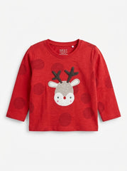 Nxt Kids' Festive Red Reindeer Appliqué Long-Sleeve Slub Cotton Top| SM GARMENTS