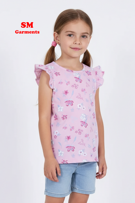 KIDS HEADQUARTERS Girls’ Pink Floral Ruffle Sleeve Top