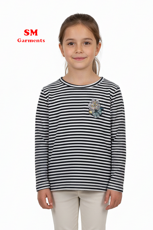 Girls Striped Long Sleeve T-Shirt with Floral Embroidery