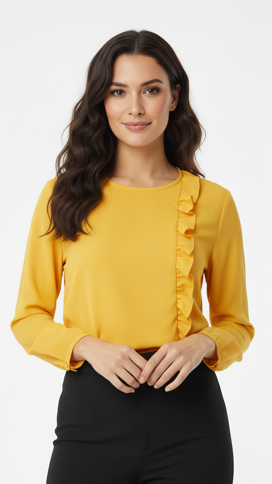 WOMEN BRIGHT YELLOW TOP WITH SIDE FRILL
