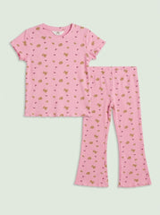 HM Girls' 2-Piece Pink Bear and Bow Short-Sleeve Top and Flare Pants Set| SM GARMENTS