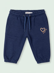 GIRLS Navy Blue Jogger Pants with Gold Heart Graphic and Drawstring Waist