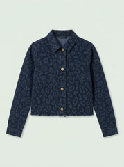 Women's BRANDED Dark Wash Leopard Print Denim Jacket with Raw Hem