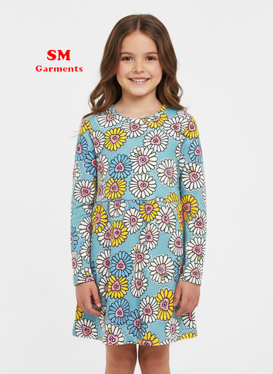 FLOWERS PRINTED GIRLS FULL SLEEVES DRESS