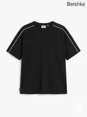 BERSHKA Black White Lines Stich Oversized T-Shirt
