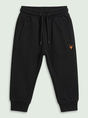 Boys Black Casual Jogger Pants with Orange Deer Embroidery and Drawstring Waist