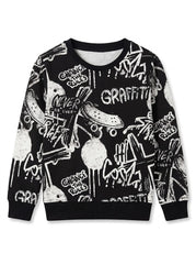 Boys' Long-Sleeve All-Over Graffiti Print Sweatshirt – Black & White Urban Crewneck Pullover