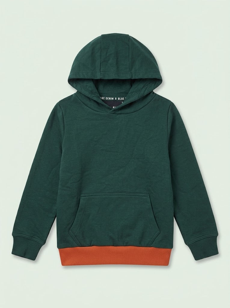 Kids Dark Green Casual Pullover Hoodie with Contrast Orange Hem