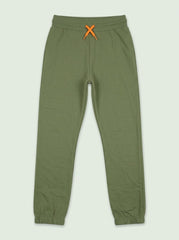 Boys Olive Green Casual Jogger Pants with Contrast Orange Drawstring