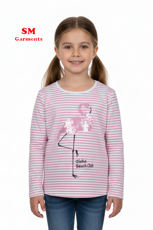 TEX BABY Girls Pink Striped Flamingo Long Sleeve T-Shirt