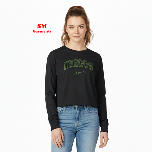 Black Oregon Cropped Long Sleeve Logo T-Shirt