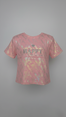 M&S Trendy Girls' Pink Crop Top "HAPPY" Tee with Shimmer & Patterned Texture