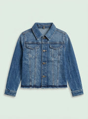 Women's BRANDED Medium Wash Denim Jacket with Raw Hem