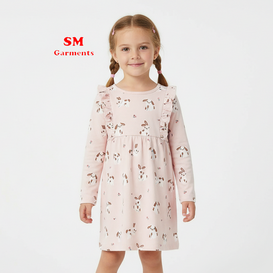 Light Pink Rabbits Frill Trimmed Jersey Dress