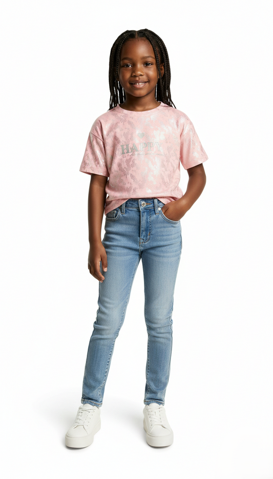 M&S Trendy Girls' Pink Crop Top "HAPPY" Tee with Shimmer & Patterned Texture