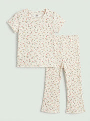 HM Girls' 2-Piece Cream Pink Floral Short-Sleeve Top and Flare Pants Set| SM GARMENTS