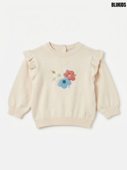 Blukids Girls Cream Floral Embroidered Ruffle-Shoulder Knit Sweater| SM GARMENTS