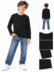 Boys' Casual Cotton-Blend Long-Sleeve T-Shirt with Chest Pocket – Black