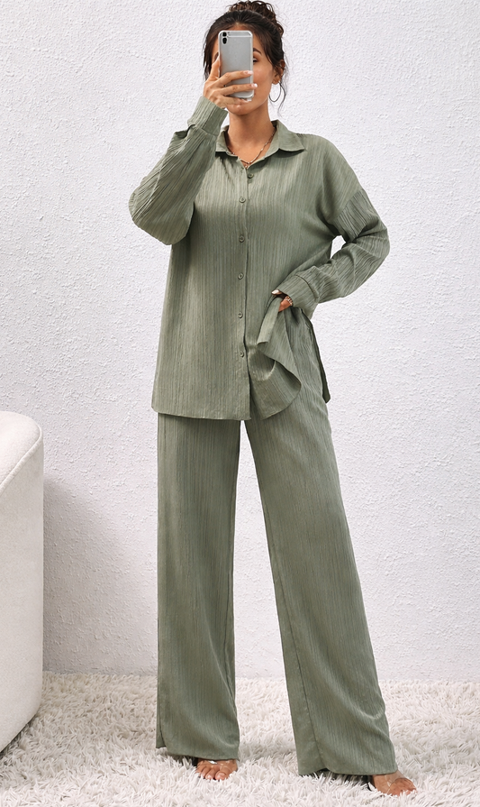 SHEIN Womens Textured Sage Green Suit Shirt & Wide Leg Trousers Set
