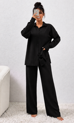 SHEIN Womens Textured Black Suit Shirt & Wide Leg Trousers Set