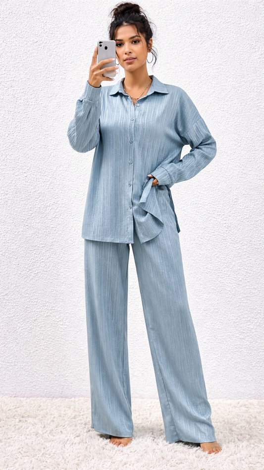 SHEIN Womens Textured Light Blue Grey Suit Shirt & Wide Leg Trousers Set