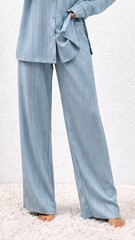 SHEIN Womens Textured Light Blue Grey Suit Shirt & Wide Leg Trousers Set